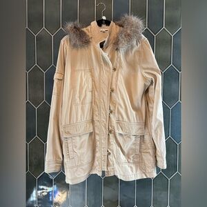 CAbi Beige Utility Jacket with Removable Faux Fur Hood